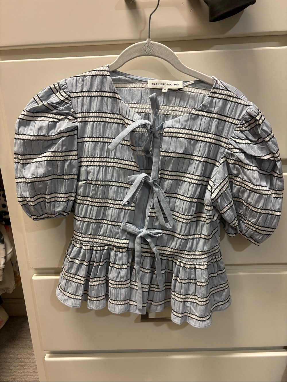 English Factory Blue and White Striped Puff-Sleeve Tie-Front Top